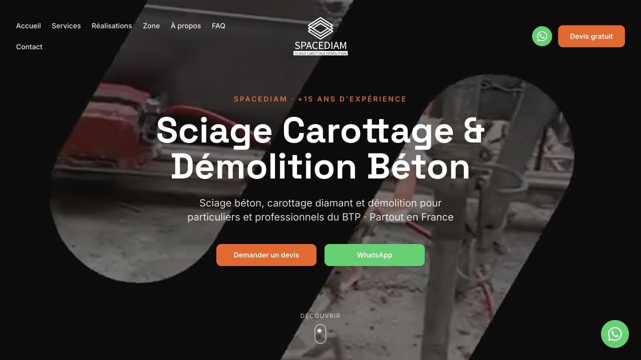 Site internet spacediam.com — Sciage, carottage diamant et démolition béton, réalisation Pixel Forme